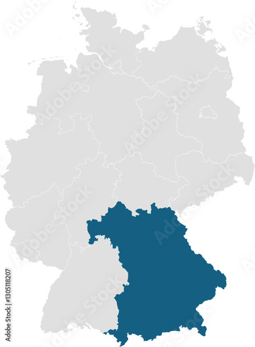 gray map of germany with 16 separated federal states, Bavaria (Free State) highlighted blue 