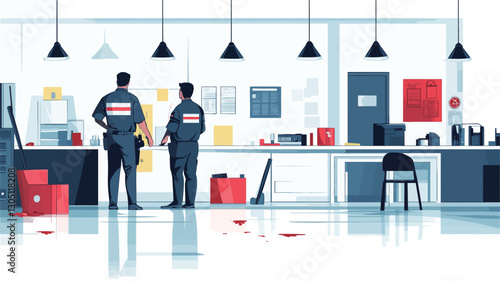 The image is a stylized illustration depicting a clean, modern office space. Two figures, presumably technicians or engineers, with their backs to the viewer, stand facing a wall with