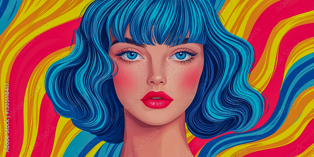 A vibrant portrait of a woman with striking blue hair, expressive eyes, and a bold colorful background, showcasing a retro and artistic flair. A vibrant portrait of a woman with striking blue hair, expressive eyes, and a bold colorful background, showcasing a retro and artistic flair.