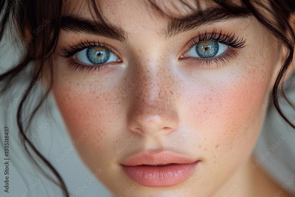 Fototapeta premium Model with minimalist makeup and eyelash extensions looking straight into the camera. Soft lighting, uniform background.