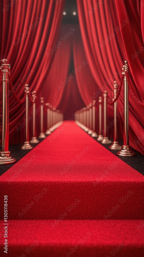 Fototapeta premium Luxurious red carpet pathway leading to an elegant event venue with vibrant curtains