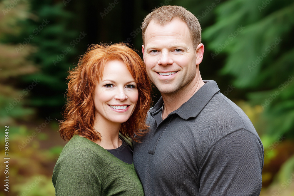Happy couple smiling together in nature, enjoying romantic moment