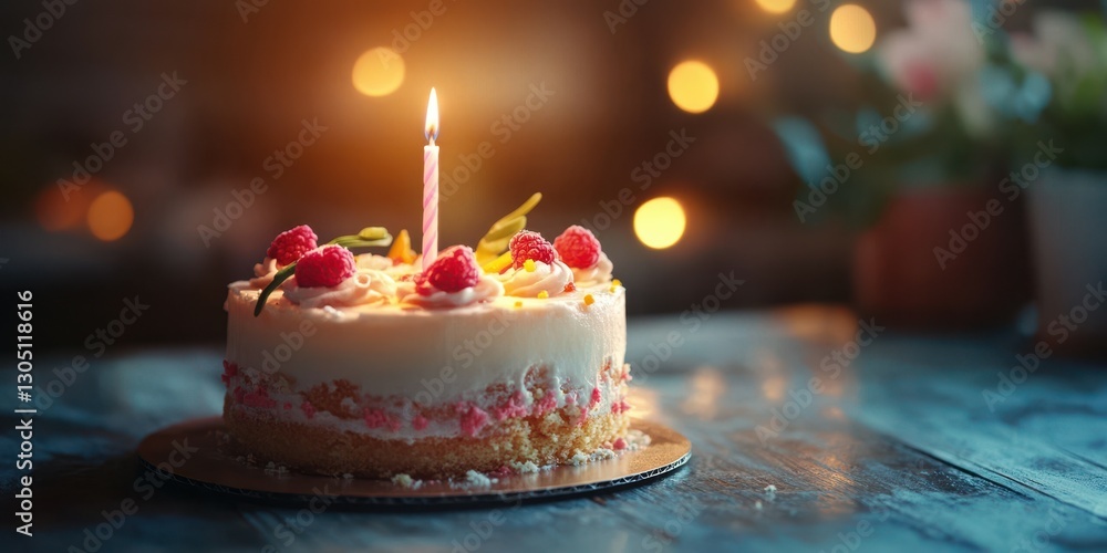 Delightful birthday cake adorned with raspberries and a single candle in a cozy setting Delightful birthday cake adorned with raspberries and a single candle in a cozy setting