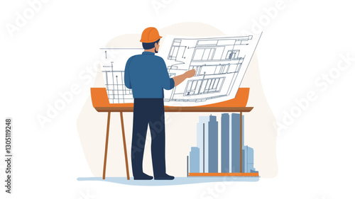 The illustration depicts a male architect, viewed from behind, wearing a hard hat and standing at a desk. He is reviewing large-scale architectural blueprints spread across the desk.  The