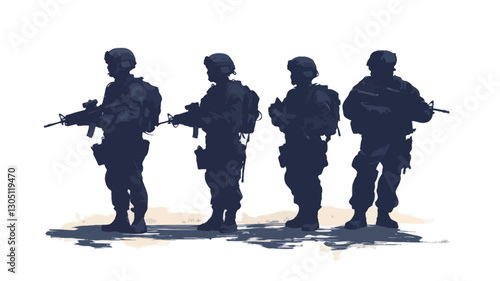 The image depicts four dark blue silhouettes of soldiers standing in a row.  Each soldier is depicted holding what appears to be a rifle. The silhouettes are sharply defined against a