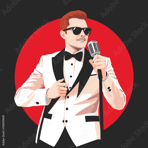 Stylish man in a tuxedo singing into a microphone with a confident expression against a dark background