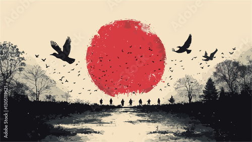 The image is a stylized landscape illustration featuring a large, textured red circle representing a rising or setting sun dominating the center.  The sun is rendered with a rough,
