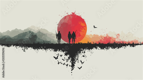 The image is a digital painting or illustration featuring three silhouetted human figures standing in the foreground before a large, stylized red sun setting behind a range of softly