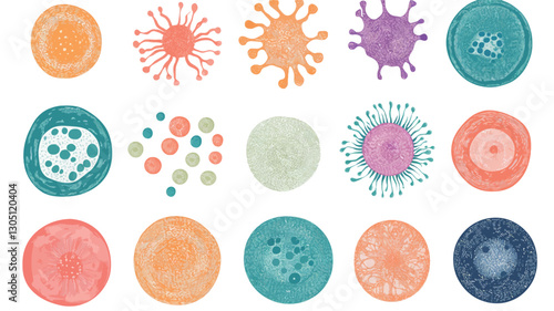 The image contains fifteen distinct watercolor designs.  Each design is primarily circular, ranging in size and color. Some circles are solid, while others contain smaller internal dots,
