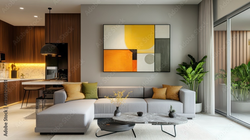 Fototapeta premium Modern apartment living room, art and plants, home decor inspiration