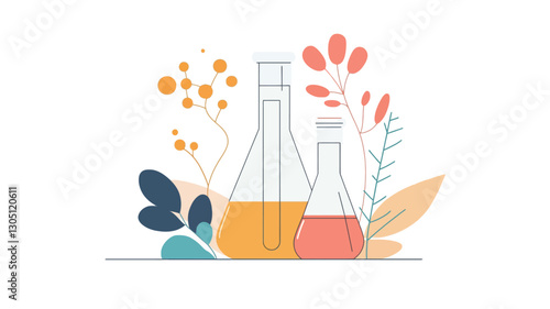 A minimalist vector illustration depicting two Erlenmeyer flasks, one containing a yellow liquid and the other a coral liquid.  The flasks are surrounded by stylized line drawings of