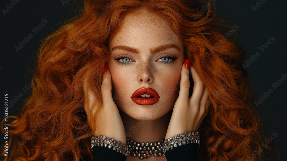 Fototapeta premium A photograph of an extremely beautiful woman with big, curly, long red hair, blue eyes, and bold makeup wearing studded collar necklaces, posing for the camera with her hands on both sides of her face