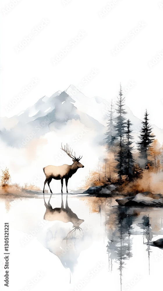 Majestic Elk Standing by Serene Lake with Mountains and Pine Trees in Artistic Watercolor Style Majestic Elk Standing by Serene Lake with Mountains and Pine Trees in Artistic Watercolor Style