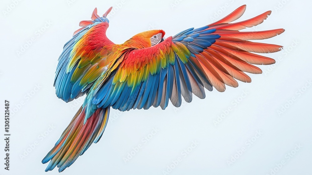 Obraz premium Colorful macaw flying in the sky on a white background showcasing wildlife and nature