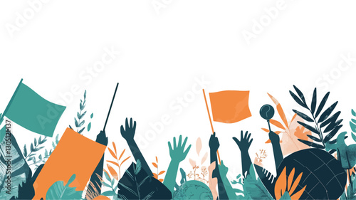 A stylized illustration depicting a crowd of people with raised arms holding flags or banners. The color palette is primarily teal and orange. The lower portion of the image features