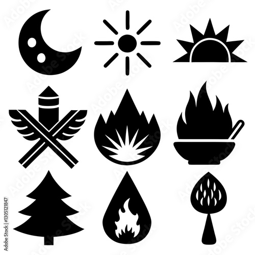 Black and white icons, campfire, maple leaf, flame bowl, sun gear, match stick, silhouette, vector illustration