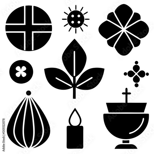 Black and white icons, minimalist symbols, religious and cultural set vector art illustrations