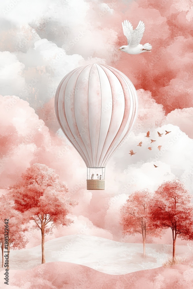 Obraz premium Serene Hot Air Balloon Adventure in Pastel Clouds and Gentle Trees