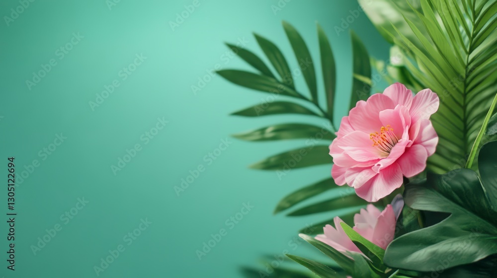 Fototapeta premium Pink Flower And Lush Green Leaves On Teal Backgrounds.Soft Lighting