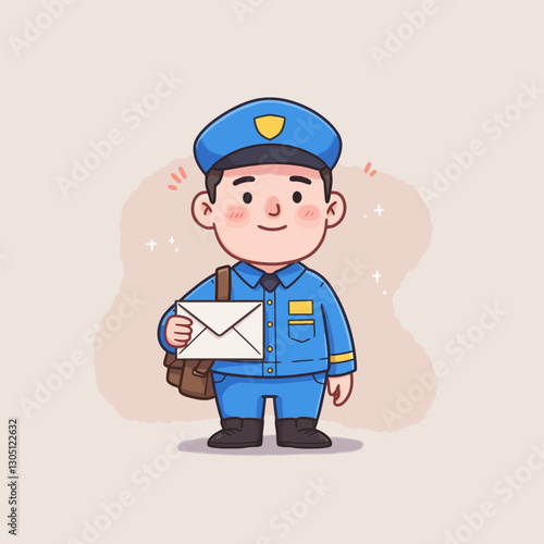 Cartoon Mail Carrier Illustration Smiling Holding Letter with Shoulder Bag