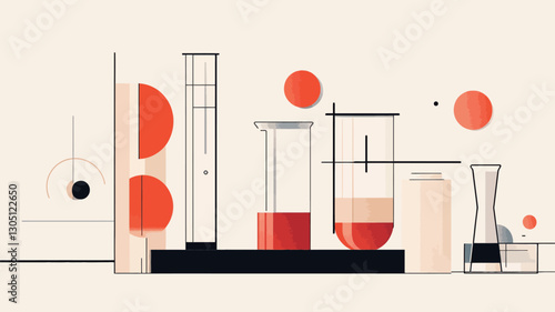 An illustration depicting stylized laboratory glassware including beakers, flasks, and test tubes. The glassware contains varying levels of a reddish-orange liquid. The style is minimalist