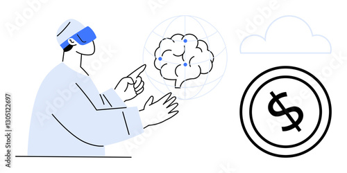 Individual in VR headset interacting with virtual brain, cloud, and money-related graphic. Ideal for technology, innovation, VR, AI, neuroscience cloud computing and financial themes. Flat simple