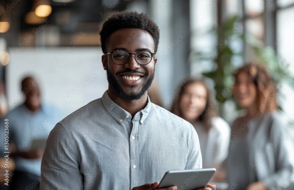 Fototapeta premium Happy African American business man using a tablet in the office with colleagues
