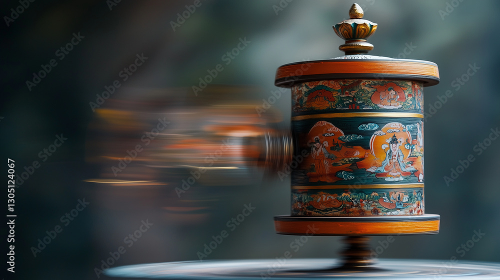 Obraz premium A hand-painted Tibetan prayer wheel spinning with motion blur