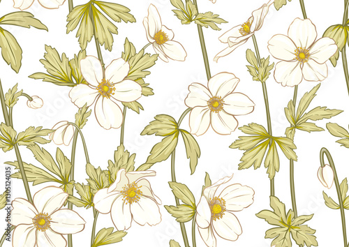 Bild auf Leinwand Forest Anemone flowers, decorative flowers and leaves Seamless pattern, background