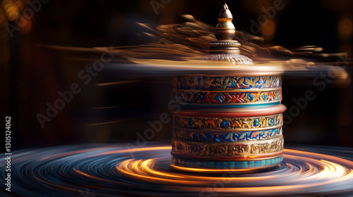 A hand-painted Tibetan prayer wheel spinning with motion blur