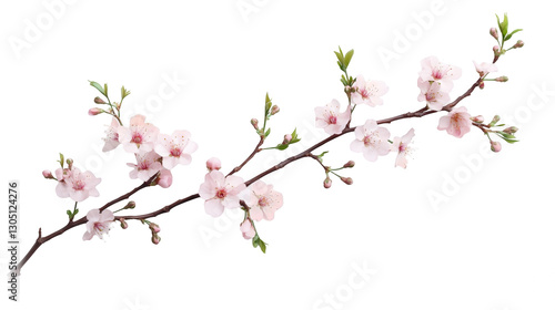 A delicate cherry blossom branch with soft pink flowers in full bloom isolated on a transparent background