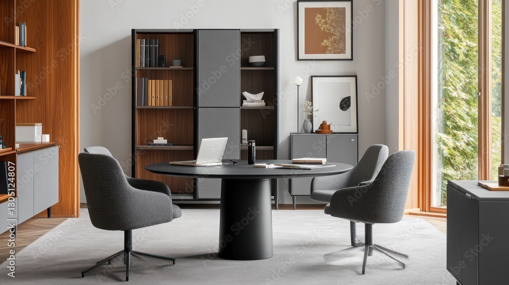Fototapeta premium Modern office meeting room with round table and chairs. Use for furniture catalog
