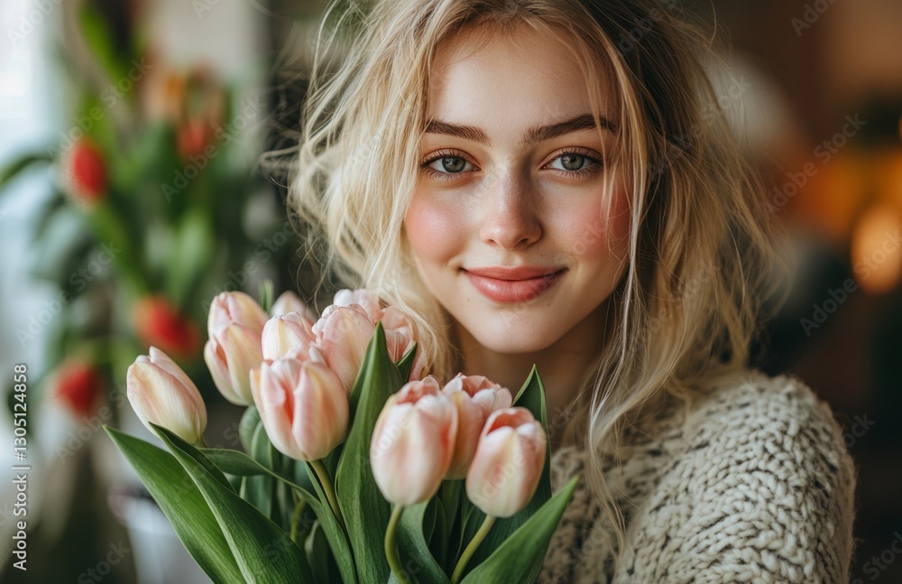 Happy Young Woman with Tulip Bouquet Celebrating Mother's Day and Valentine's Day at Home Happy Young Woman with Tulip Bouquet Celebrating Mother's Day and Valentine's Day at Home