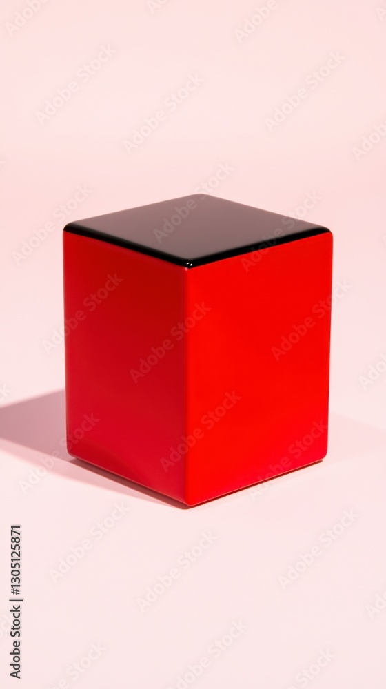 Fototapeta premium Red cube with a black top, sitting on a light pink background. Studio lighting casts a subtle shadow.