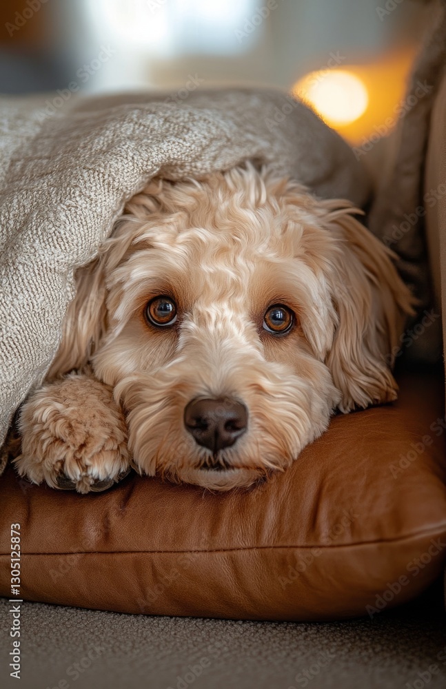 Cream-colored Labradoodle resting on open leather cushion, head and paws peeking out Cream-colored Labradoodle resting on open leather cushion, head and paws peeking out