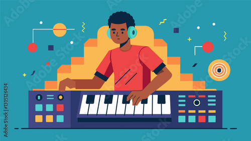 With the touch of a button the producer triggered a series of MIDI data signals triggering a complex series of sound effects and samples to add depth to the song.. Vector illustration