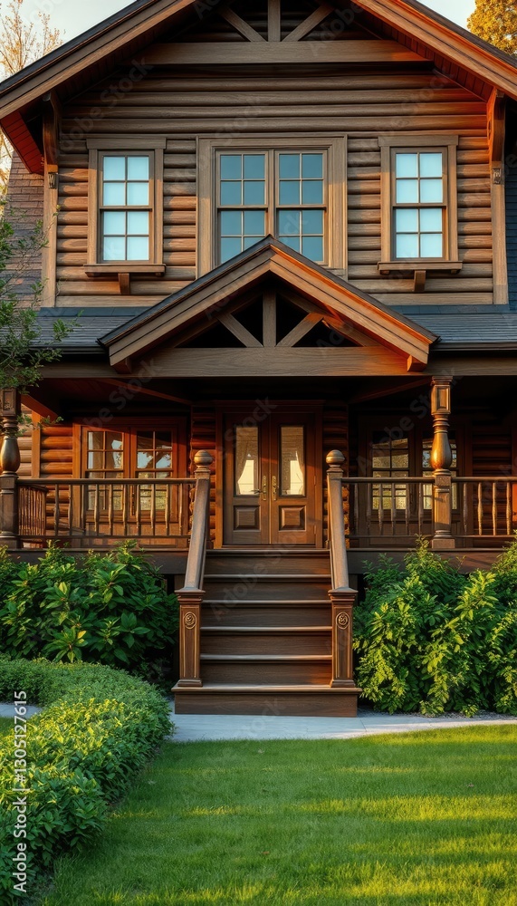 Obraz premium The house features a beautifully crafted wooden staircase leading to a spacious deck