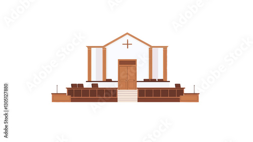 A simple, flat-style illustration of a church building. The image shows a frontal view of a structure with a brown, wooden exterior, a central door, and several vertical windows.  The