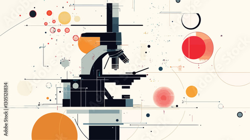 A stylized illustration depicting a microscope as the central focus. The microscope is rendered in dark shades of grey and black, with geometric shapes and lines forming an abstract