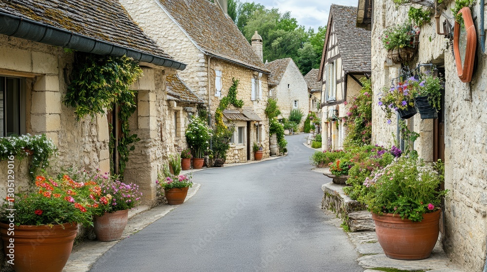 Fototapeta premium Charming Quaint Village Street with Stone Houses and Colorful Flower Pots in France's Countryside