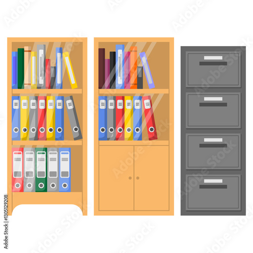 Office File Cabinet Vector - Realistic Filing Cabinet with Folders, Shelves, and Drawers for Document Storage, Business Data Archive, and Confidential File Organization