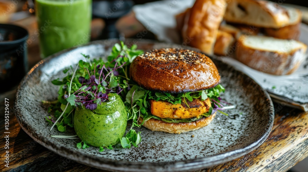 A vegan burger on a rustic plate, garnished with microgreens and served with a refreshing green smoothie. A vegan burger on a rustic plate, garnished with microgreens and served with a refreshing green smoothie.