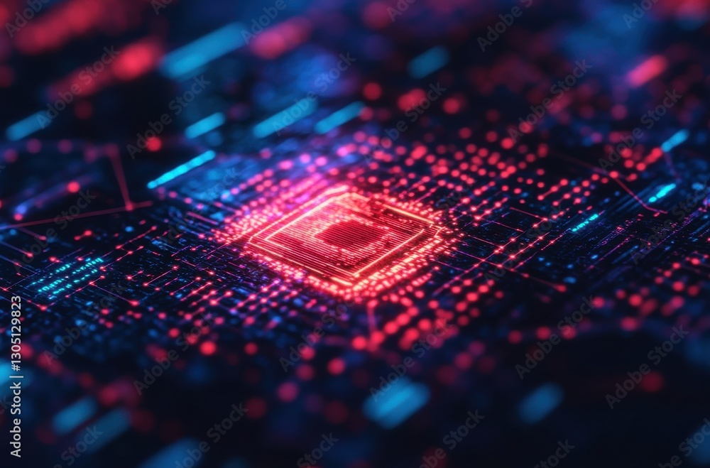 Abstract representation of a glowing microchip with vibrant neon lights and digital particles conveying technology and innovation concepts in a futuristic design Abstract representation of a glowing microchip with vibrant neon lights and digital particles conveying technology and innovation concepts in a futuristic design