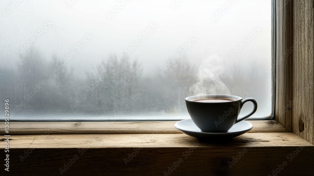 Warm Cup of Coffee on Wooden Windowsill with Foggy Nature View Outside the Window Warm Cup of Coffee on Wooden Windowsill with Foggy Nature View Outside the Window