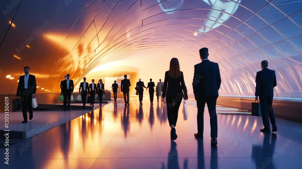 Futuristic Urban Environment with Professionals Walking Towards a Brightly Lit Horizon Futuristic Urban Environment with Professionals Walking Towards a Brightly Lit Horizon