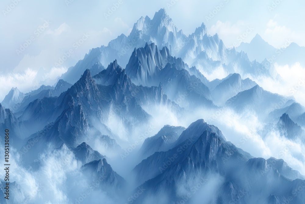Misty mountain range with angular peaks glows softly, creating a serene and surreal landscape Misty mountain range with angular peaks glows softly, creating a serene and surreal landscape