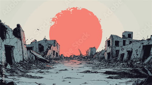 The image depicts a digital illustration of a desolate cityscape.  The scene is dominated by numerous ruined buildings in various states of collapse, surrounded by rubble and debris.  The