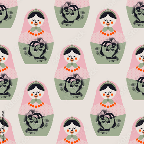 Matryoshka dolls. Symbol of Russian culture and traditional art. Vector seamless pattern, background, wallpaper, wrapping paper, fabric, print, design element