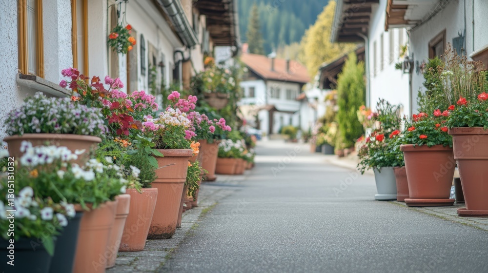 Fototapeta premium Charming Flower-Lined Street in Quaint Village Surrounded by Lush Green Mountains
