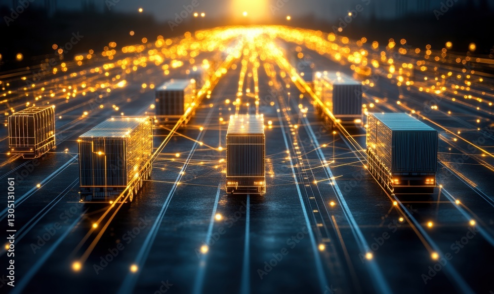 Obraz premium Autonomous trucks on highway at night with network connection